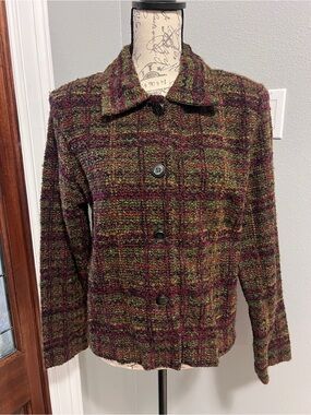 First Option Vintage 90s Boucle Tweed Plaid Blazer Jacket Purple Green Large